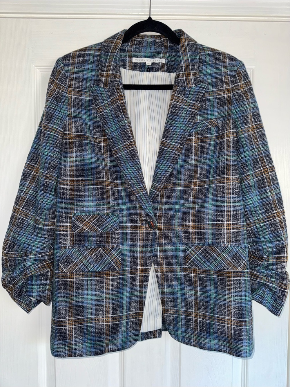 VERONICA BEARD Dickey Blue Plaid MARTEL Ruched Slv Cotton Linen Blazer Jacket 8 - Picture 7 of 16
